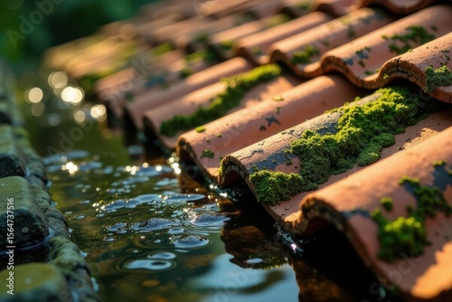 Close-up view of moss-covered roof tiles with water flowing into a gutter, showcasing nature's gentle takeover of man-made structures
