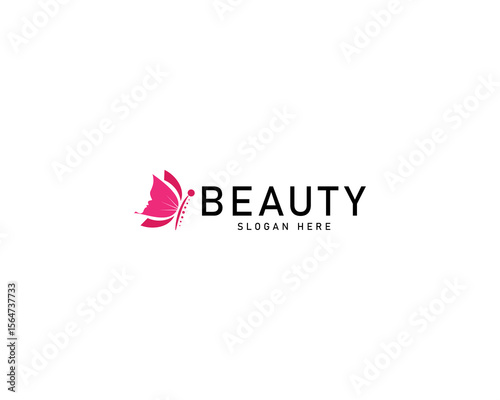 Woman's face in pink butterfly wings. Abstract design concept for beauty salon, spa, massage, cosmetic shop. Vector female logo template.