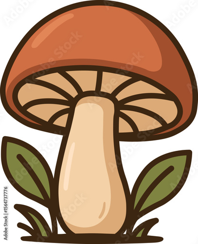 Brown Mushroom with Leaves Illustration