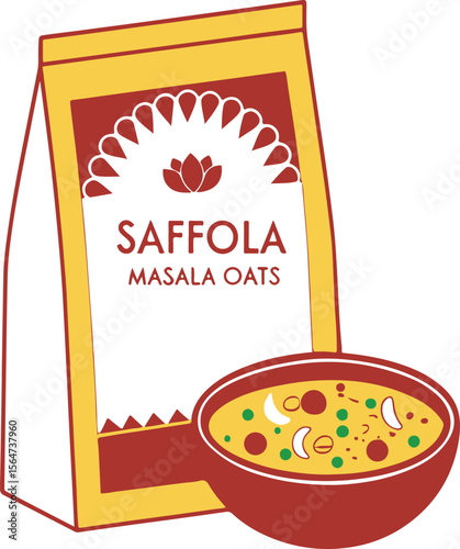 Illustration of Saffola Masala Oats packet with bowl of cooked oats on white background