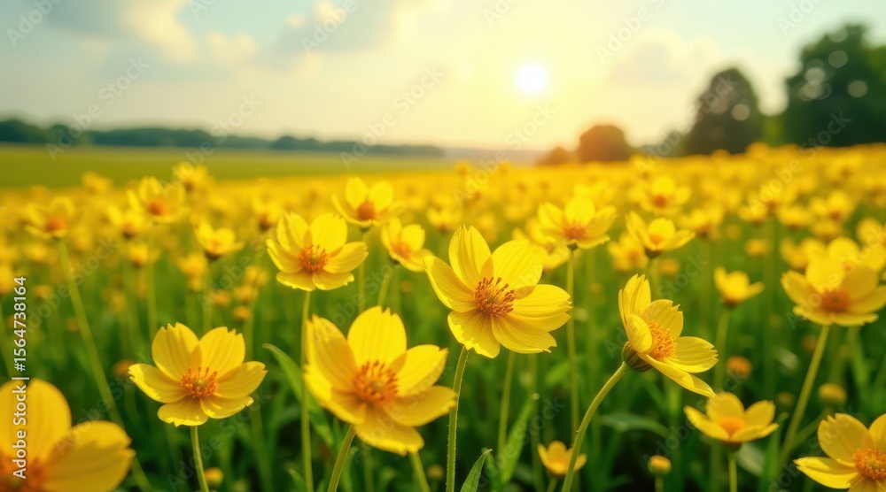 Golden Meadow Sunset A Vibrant Field of Yellow Flowers Basking in the Evening Sunlight Golden Meadow Sunset A Vibrant Field of Yellow Flowers Basking in the Evening Sunlight