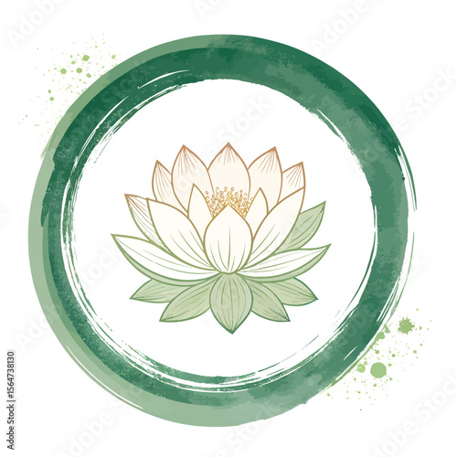 Lotus Flower Icon: A serene lotus flower illustration gracefully blooms within a minimalist green brushstroke circle, symbolizing purity, enlightenment, and spiritual awakening.