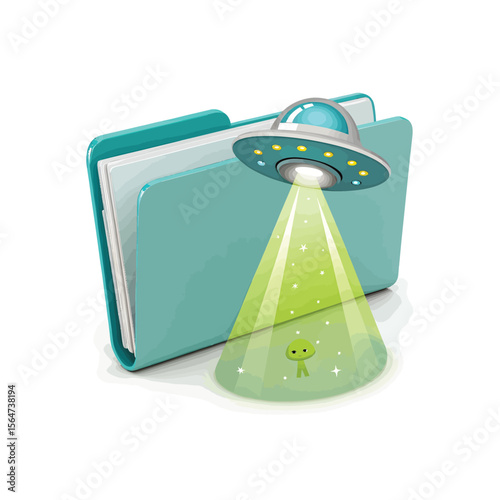 Digital Secrets Revealed: A whimsical digital illustration depicts an alien spacecraft beaming down on a folder, symbolizing discovery and exploration of secret information.