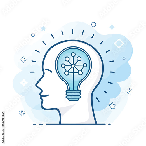 Brainwave Illumination: An artistic representation of a human mind with a light bulb illuminating the concept of creativity, imagination, and innovation.