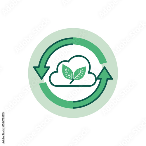 Eco-Friendly Cloud Icon: An elegant circular icon encapsulates a green cloud motif with leaves, illustrating the cycle of nature, sustainability, and environmentally conscious practices.