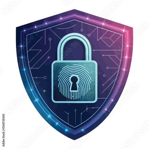Cyber Fortress: This digital artwork visualizes a shield of cybersecurity, with a lock and fingerprint. A symbol of protection in the digital realm. 