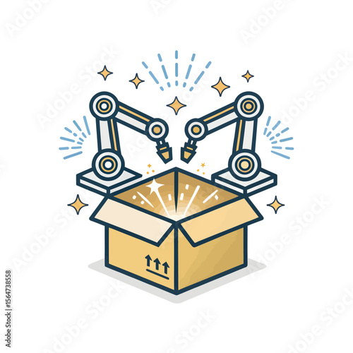 Automated Production and Innovation: Two industrial robot arms collaborate, placing a product inside a cardboard box, with illuminating sparkles. A symbol of modern automated production, innovation.