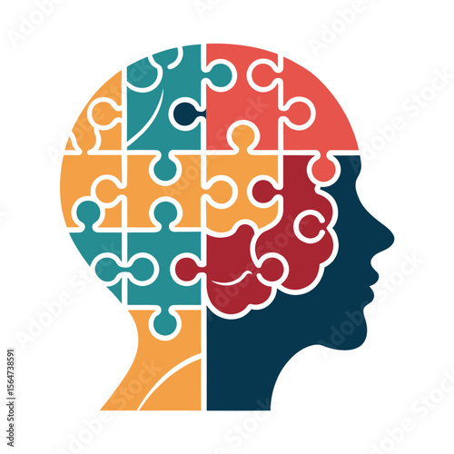 Mind Puzzle: An illustration of a human head with the brain represented by colorful puzzle pieces, symbolizing complexity, thought, and the process of understanding.