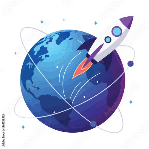 Global Launch: A vibrant illustration of a rocket launching from Earth, symbolizing innovation, progress, and global reach.