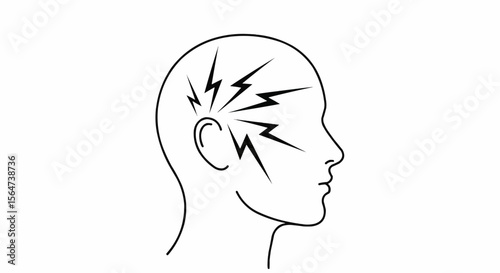 Outline of a head with lightning bolts emanating from the temple area indicating pain or neurological activity