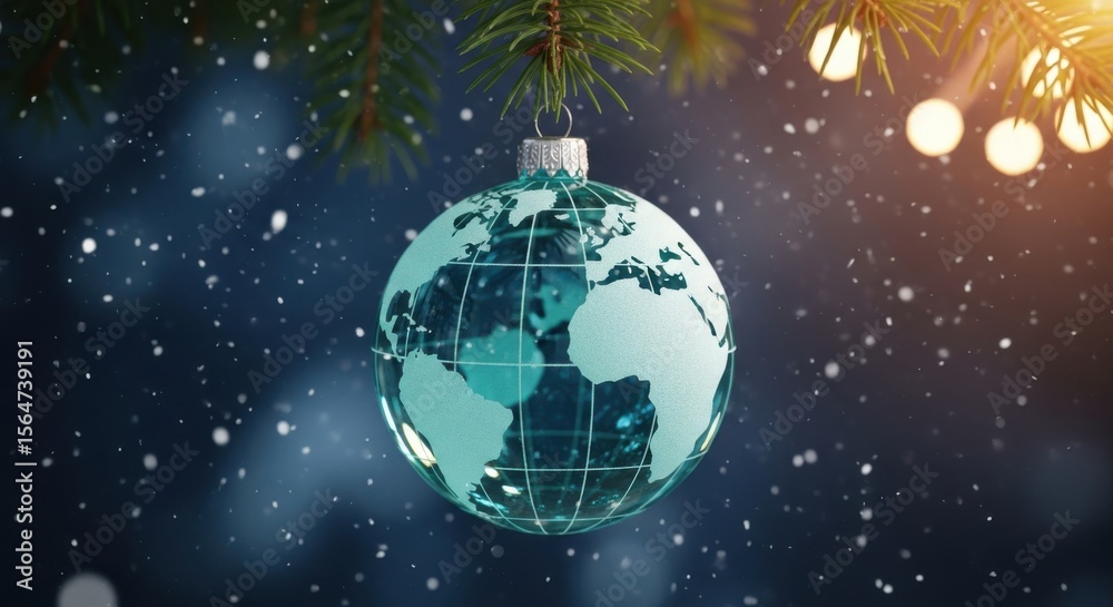 Fototapeta premium Global Holiday Cheer Ornament Hanging on a Snowy Christmas Tree
