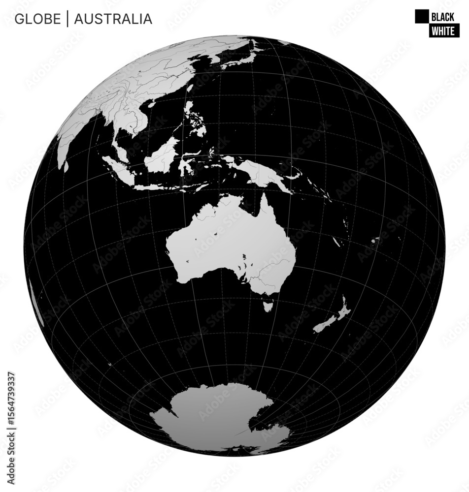Naklejka premium Vector Globe centered to Australia. Black White palette. World map with meridians, parallels, countries, rivers and lakes. Beautiful vector illustration.