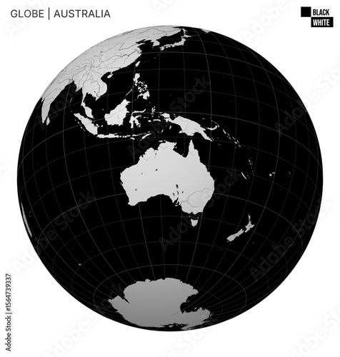 Vector Globe centered to Australia. Black White palette. World map with meridians, parallels, countries, rivers and lakes. Beautiful vector illustration.