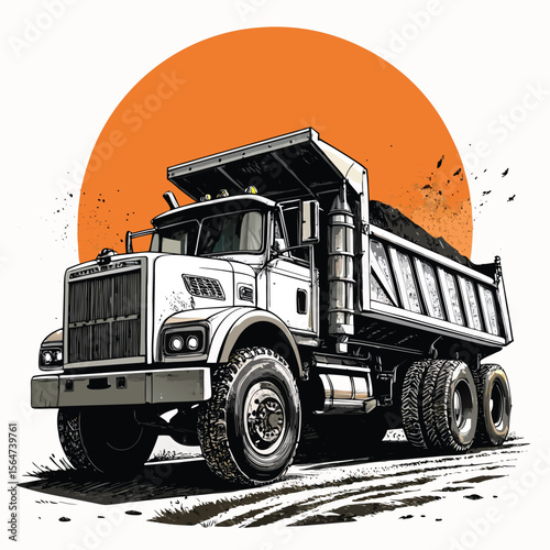 Bold Vector Dump Truck Illustration with Orange Circle Background – Heavy Duty Construction Art

