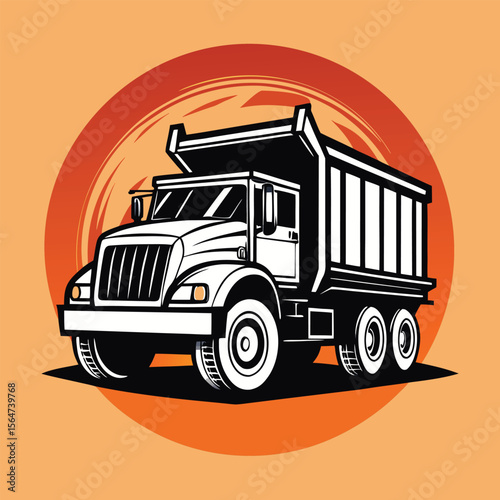 Bold Vector Dump Truck Illustration with Orange Circle Background – Heavy Duty Construction Art

