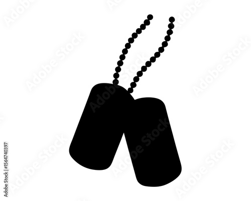 Silhouette of military dog tags and chain on a plain white background