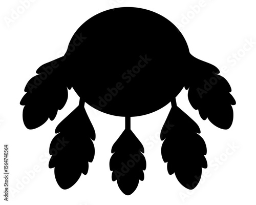 Monochrome silhouette of a stylized dream catcher with feathers and circle
