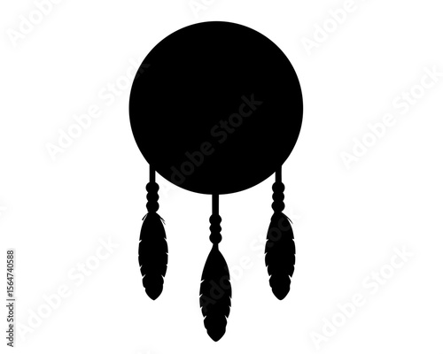 Black Silhouette of a Dreamcatcher with Feathers and Beads on White Background