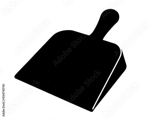 Simple black and white graphic silhouette of a handheld dustpan, angled view