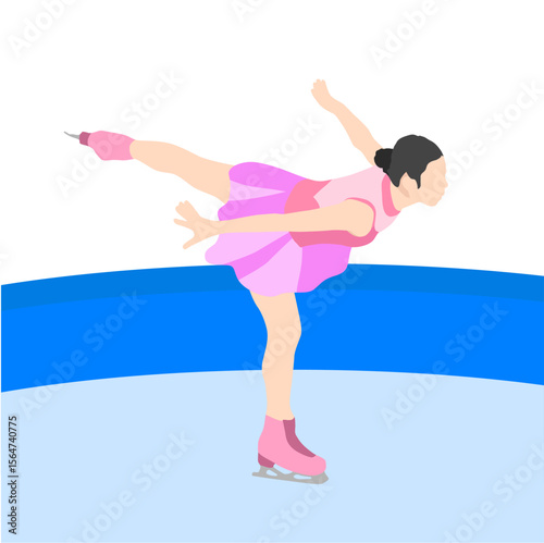 Illustration vector style Graceful woman ballerina Ice Skating dancer in pink dress jumping with joy

