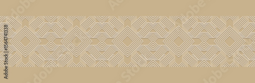 Banner, patterned cover design, wallpaper. Geometric ethnic pattern on beige background, embossing. 3D tribal ornaments, arabesques, mandala, fresco, painting of the East, Asia, India, Mexico, Aztec