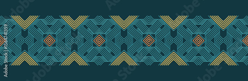 Banner, patterned cover design, wallpaper. Geometric ethnic linear pattern on blue background, embossing. 3D tribal ornaments, arabesques, mandala, fresco, painting of the East, Asia, India, Mexico