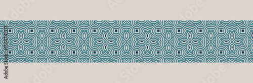 Banner, patterned cover design, wallpaper. Geometric ethnic blue pattern on light background, embossing. 3D tribal ornaments, arabesques, mandala, fresco, painting of the East, Asia, India, Mexico