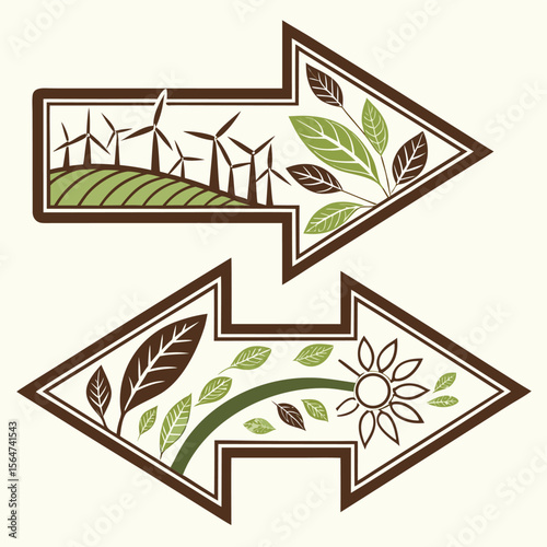 Two decorative arrows pointing in opposite directions with nature and energy motifs inside them