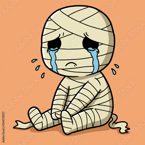 Cartoon-style line art of a crying mummy sitting down with large tearful eyes, wrapped in bandages, set against an orange background.