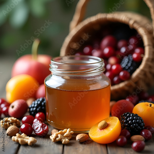 Still Life with Golden Honey, Dried Fruits, and Nuts on Rustic Table