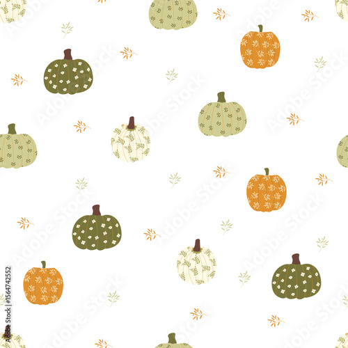 Seamless pattern with decorative pumpkins, flowers A pattern for halloween celebration. Vector pattern	
