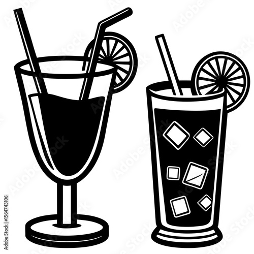 cocktail with ice and lemon silhouette black