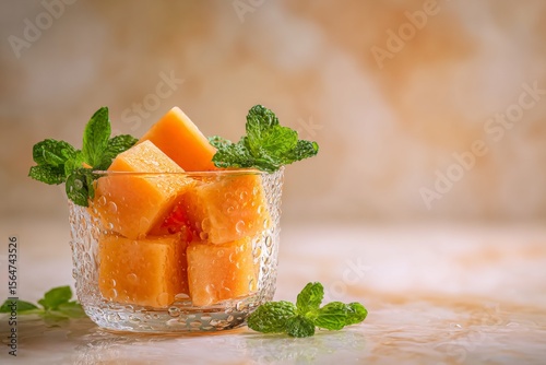 Wallpaper Mural Papaya cubes in glass bowl with mint on pastel orange background Torontodigital.ca