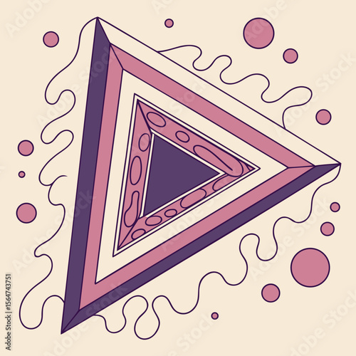 Illustration of nested triangles with decorative border and surrounding circles and wavy lines