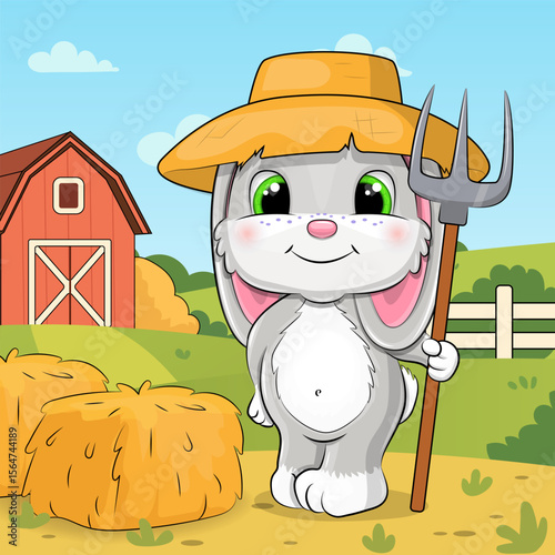 Cute Cartoon Funny Bunny Farmer with Pitchfork and Hay. Vector Illustration of Animal in Rural Landscape.