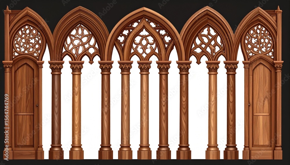 Fototapeta premium Elegant collection of ornate carved wooden Gothic arches and columns for interior design