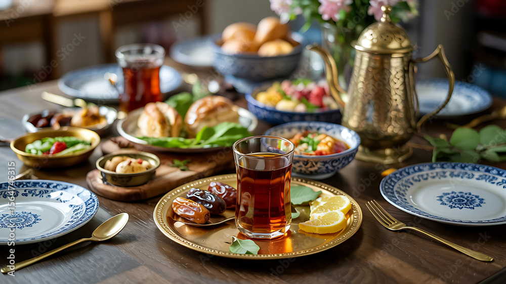 Fototapeta premium A table is set with dates, tea, and other dishes for an iftar meal during ramadan