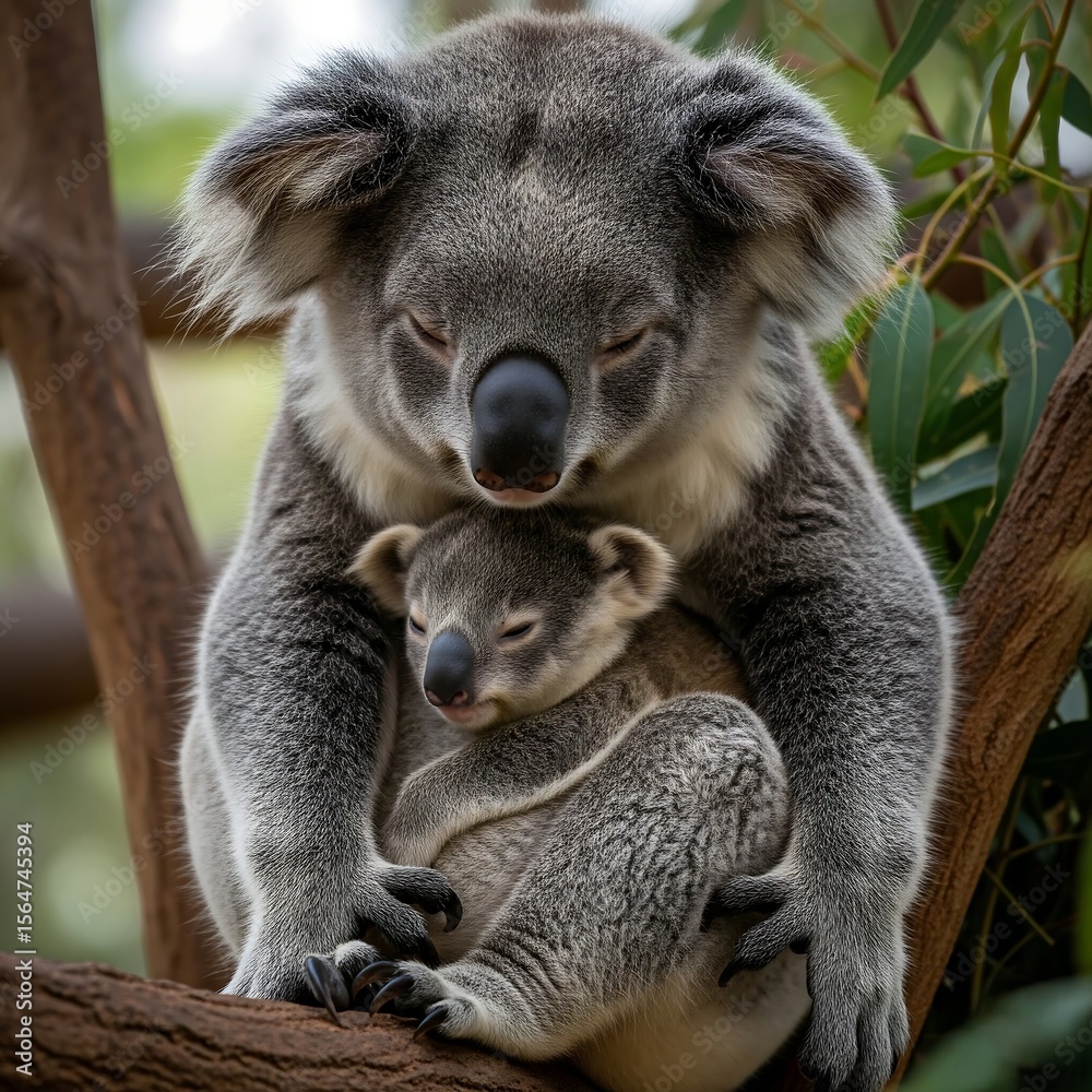 Obraz premium A mother koala and her joey sleeping soundly together
