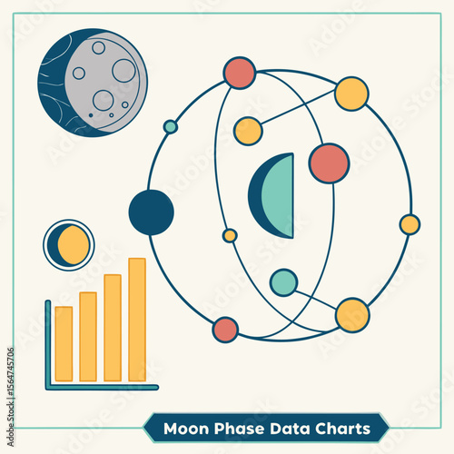 Illustration of moon phases with a bar graph and circular diagrams on a light background design style