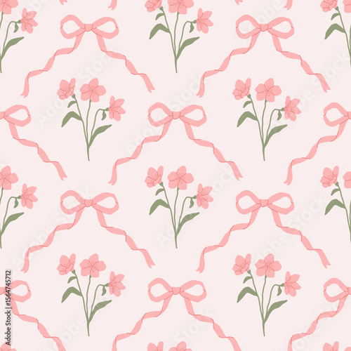 Preppy coquette seamless pattern with pink bow ribbons and cute flowers. Floral elegance damask design. Vintage cottagecore print for fabric, wallpaper or wrapping paper