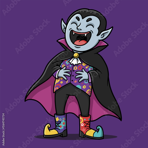 Cartoon line art of a cheerful vampire with fangs, cape, and mismatched boots, laughing playfully.