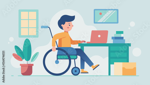 Person in wheelchair working on laptop at home office desk with books, plant and window in cozy environment