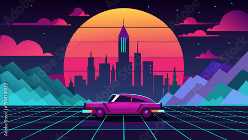 Retro futuristic landscape with neon car, glowing city skyline, mountains and sunset in synthwave 1980s style