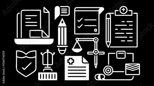 White outline icons of legal, medical and academic documents, tools and symbols on black background