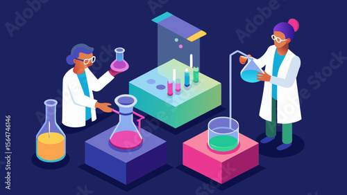 Scientists conducting chemical experiments in laboratory with colorful liquids and glassware in isometric illustration style