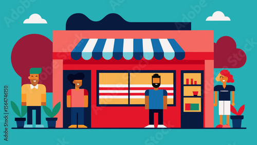 People standing outside a small local shop with striped awning and colorful storefront in flat illustration style