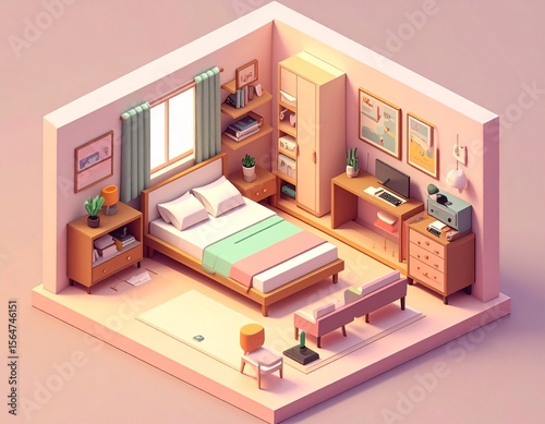 3D Isometric Render of Cozy Bedroom Interior