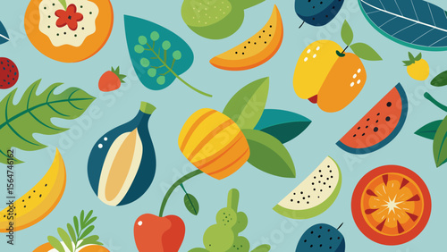 Colorful seamless fruit pattern with tropical fruits, leaves and berries on a light blue background in flat cartoon style