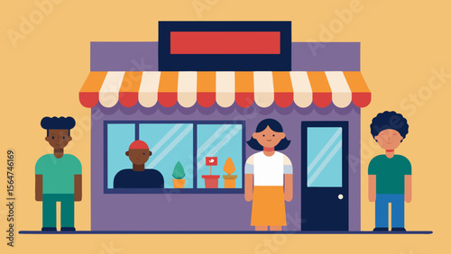 Group of diverse people standing outside a small shop with striped awning and storefront window on beige background