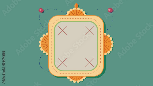 Decorative stitched fabric frame with floral patterns and pin elements on green background